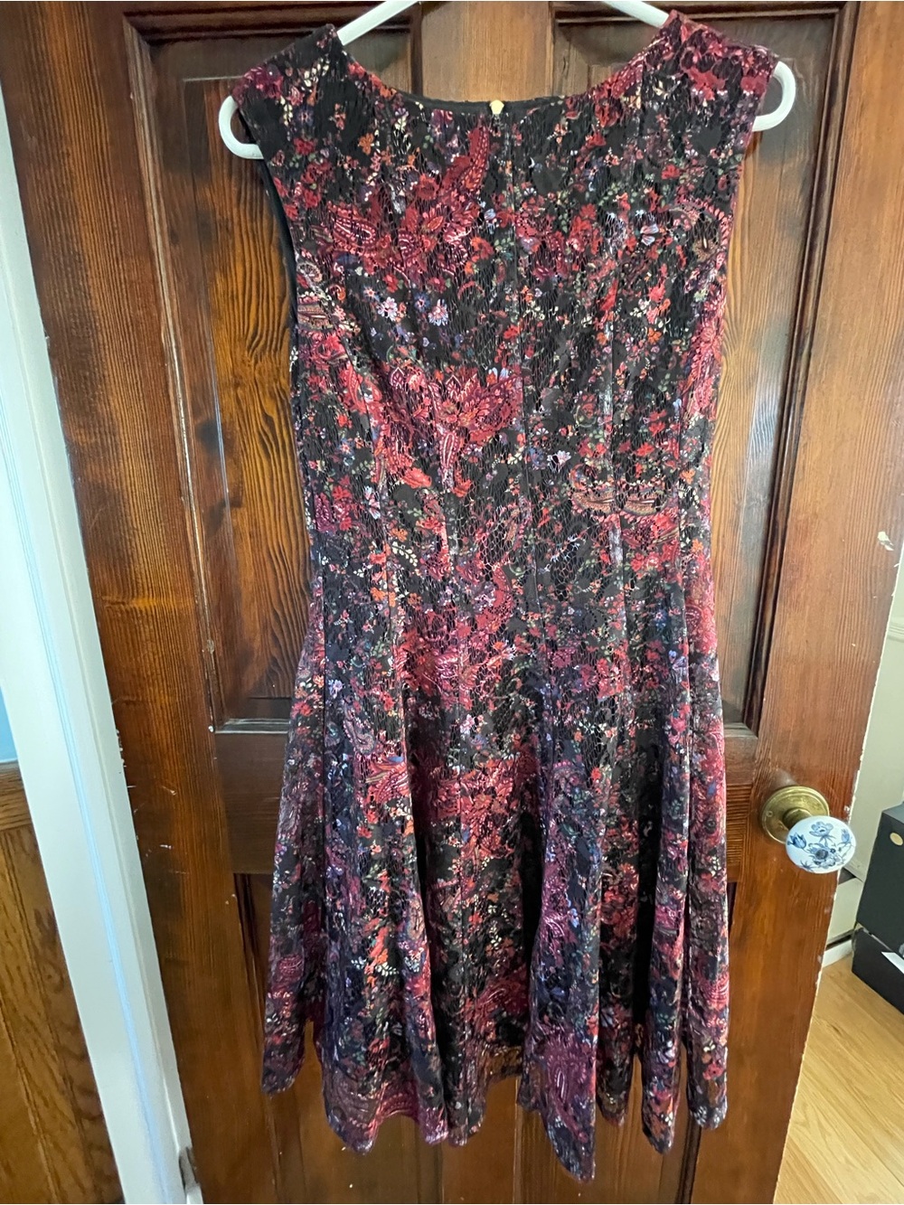 dressbarn Black and Burgundy Floral Midi Fit-and-Flare Dress